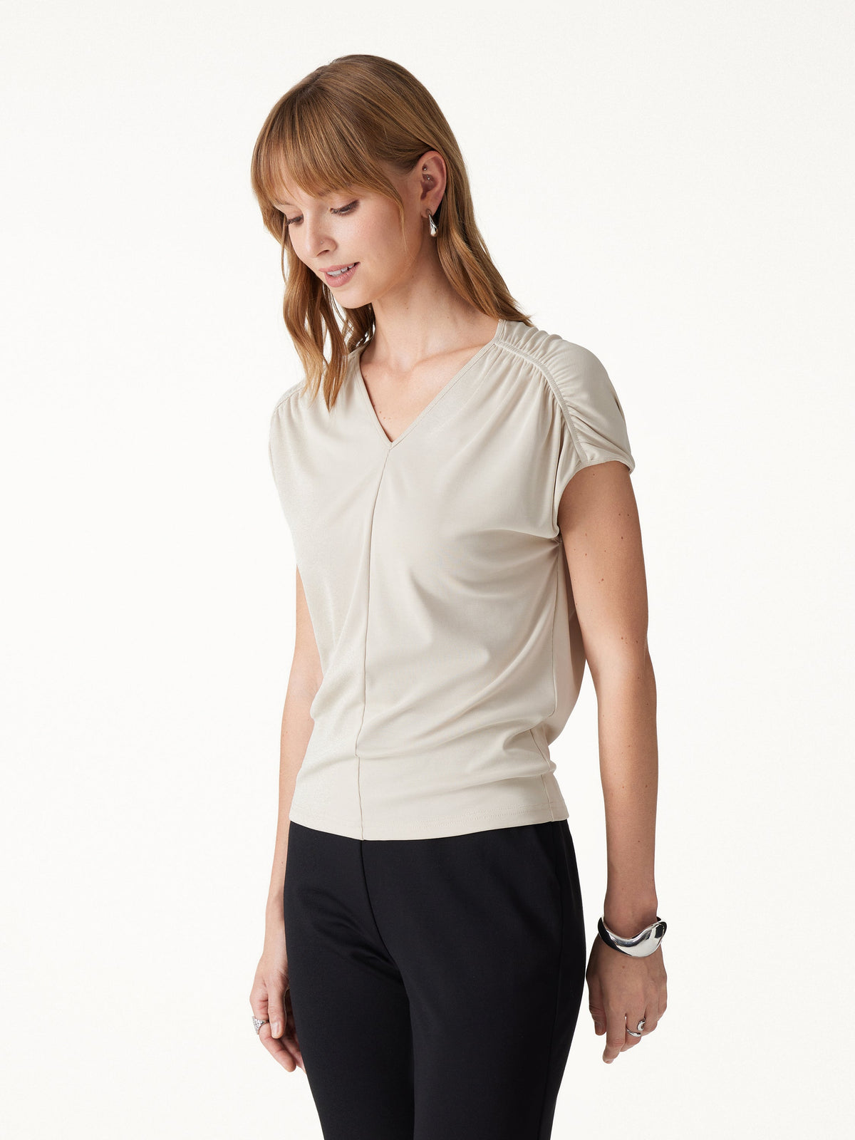 Sandwashed Modal Relaxed V-Neck Gathered Shoulder Top