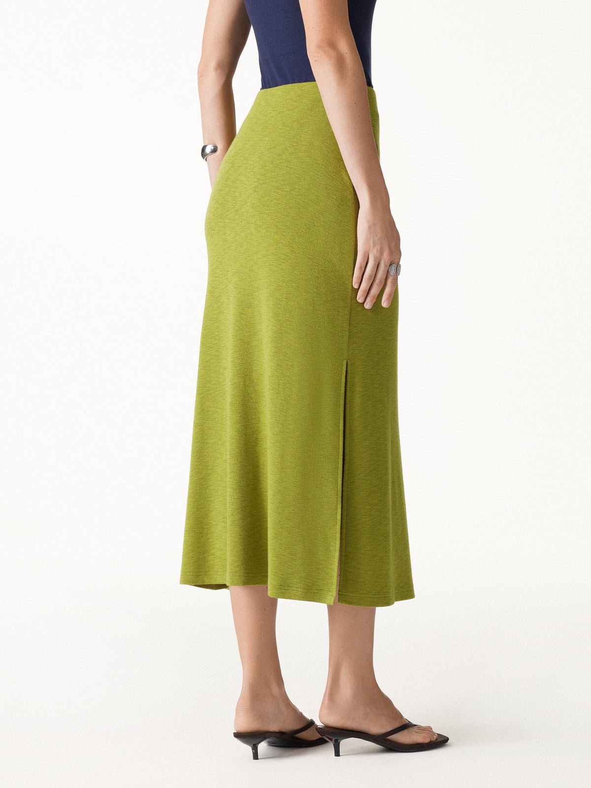2Pcs Set Round Neck Elbow Sleeve Bra Top & Side-Slit A-Line Midi Skirt