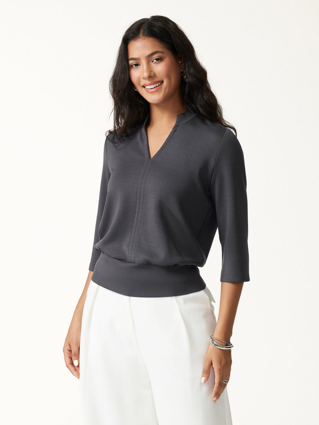 Lyocell Spacer Knit V-Neck Elbow Sleeve Banded Hem Top