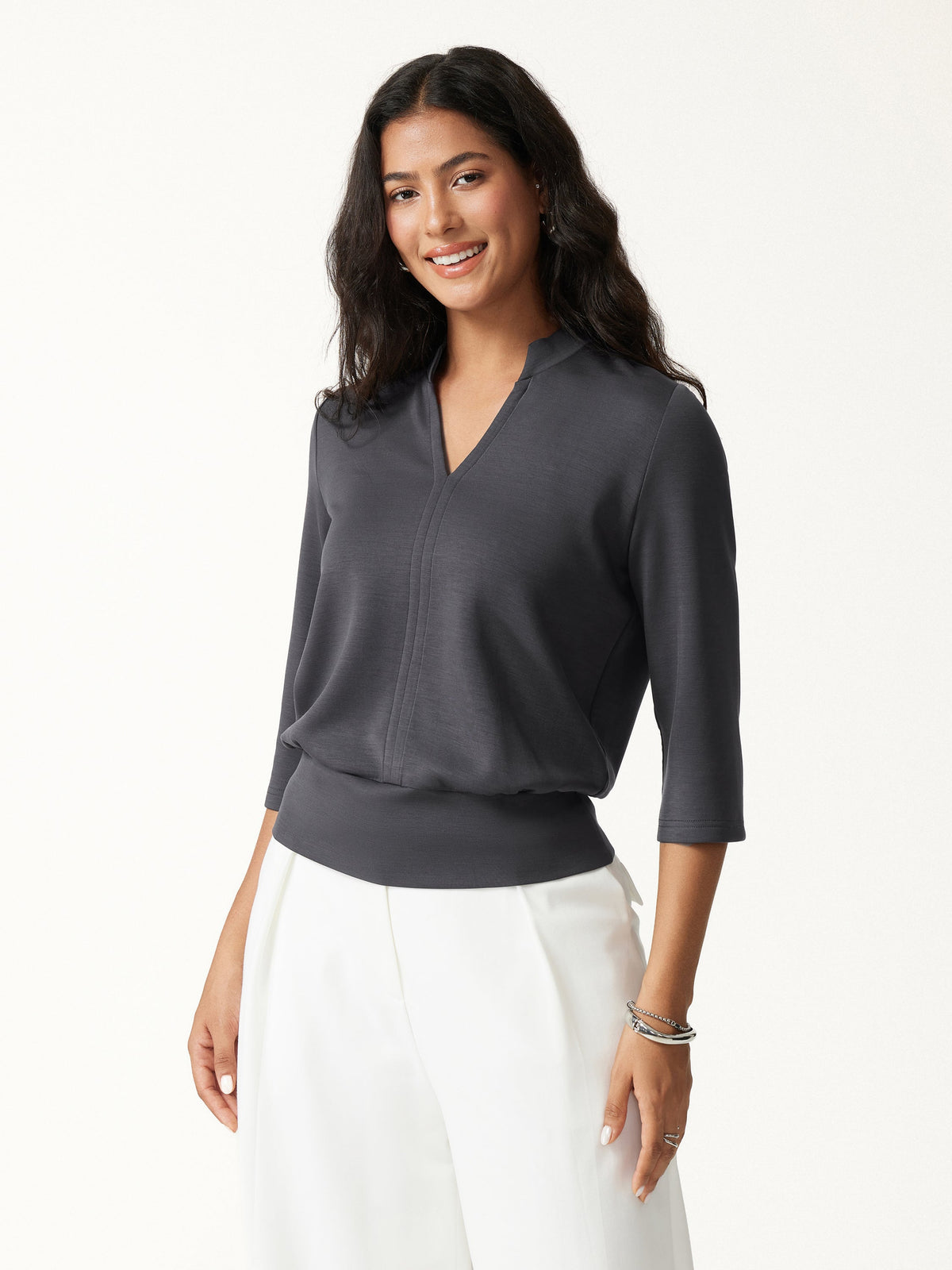 Lyocell Spacer Knit V-Neck Elbow Sleeve Banded Top