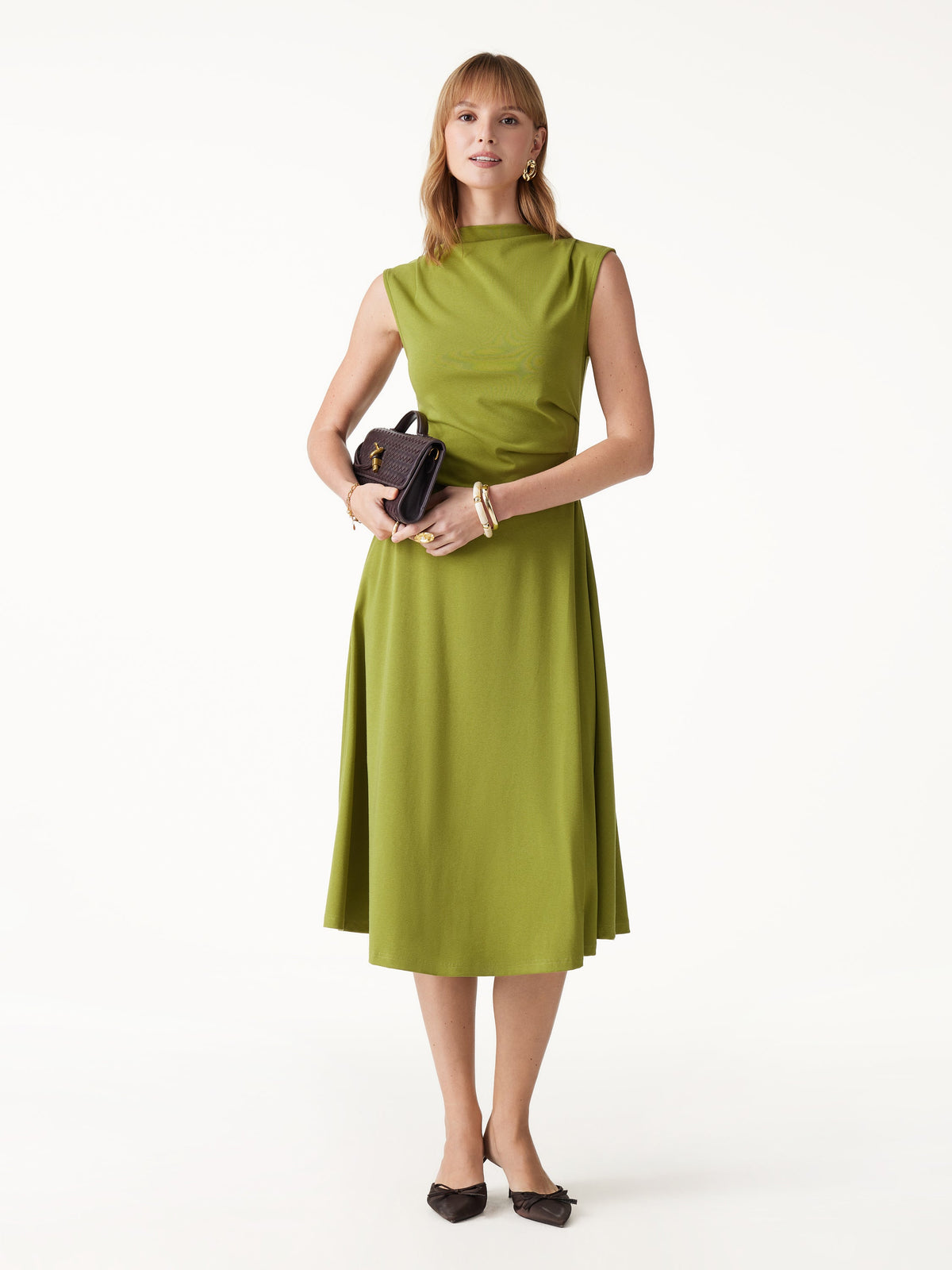 Viscose-Cotton Mock Neck Sleeveless Tucked Midi Dress