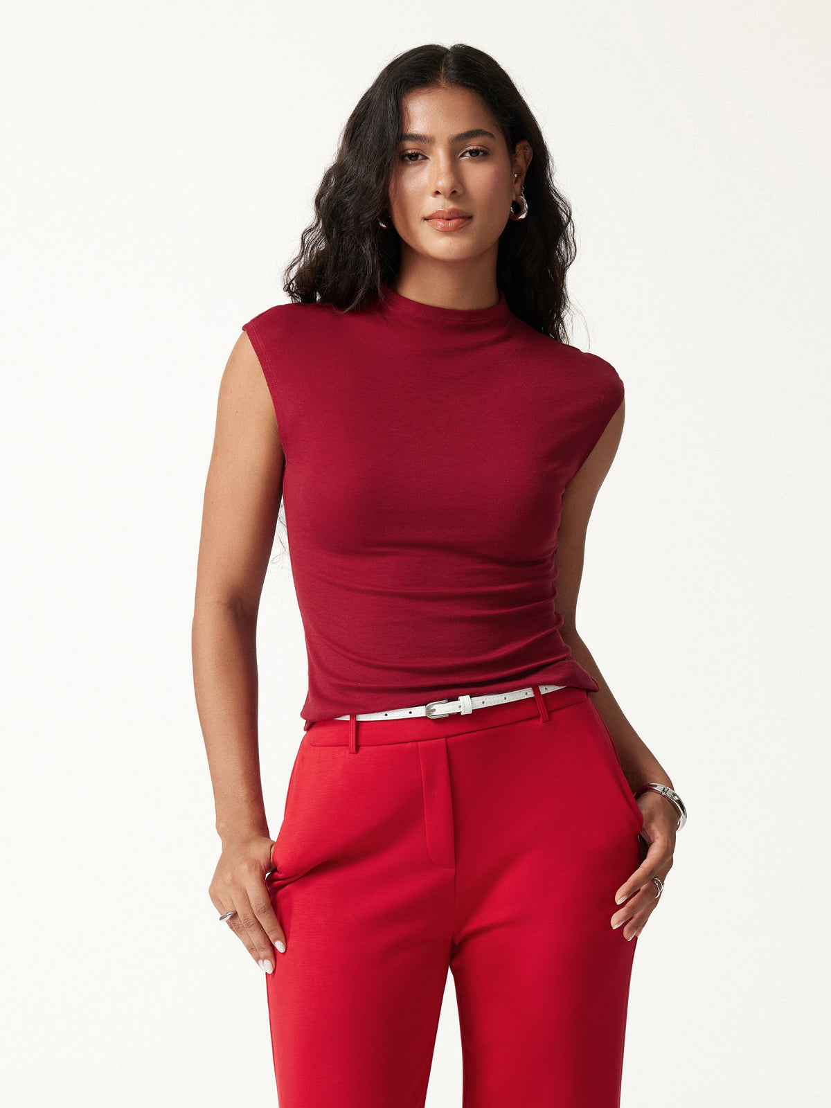 Lyocell-Wool Mock Neck Sleeveless Top