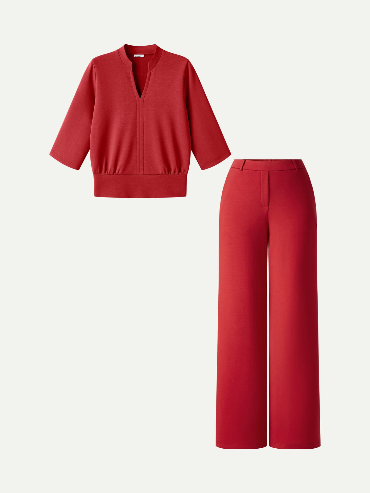 2Pcs Set V-Neck Elbow Sleeve Top & High-Rise Wide Leg Pants with Pockets